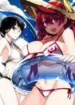  2girls :d bikini black_hair breasts cleavage glasses hat highres hips huge_breasts inflatable_dolphin inflatable_toy innertube ishida_akira large_breasts long_hair looking_at_viewer maid-chou_(maoyuu) maou_(maoyuu) maoyuu_maou_yuusha multiple_girls navel open_mouth red_eyes red_hair side-tie_bikini sky smile sun_hat swimsuit 