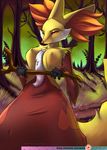  2016 amber_eyes anthro breasts delphox female fur half-closed_eyes holding_object inner_ear_fluff looking_at_viewer multicolored_fur nintendo nipple_bulge patreon pok&eacute;mon rika smile solo stick tree video_games 