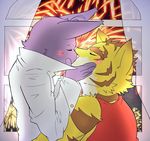  blush cat cupping_cheeks cute eyes_closed feline fireworks kissing lifting male male/male mammal morenatsu romantic shin_(morenatsu) tiger torahiko_(morenatsu) window 