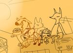  aardwolf aerial air_conditioner anthro avo_(weaver_character) canine charlie_(weaver_character) clothed clothing crush ermine eyes_closed female fox friends group hug hyena laugh low_res male mammal marty_(weaver) mustelid outside ozzy_(weaver_character) roof sitting sleeping smile sunny the_weaver wolf 