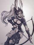  animal_ears armor arrow bow_(weapon) breasts bunny_ears choker cleavage dark_skin drawing_bow final_fantasy final_fantasy_xii fran greyscale headgear holding holding_arrow holding_bow_(weapon) holding_weapon iahfy large_breasts long_hair monochrome navel ponytail revealing_clothes see-through solo viera weapon 