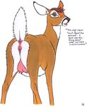  absurd_res anus brown_eyes brown_fur butt cervine cervine_pussy deer english_text female feral fur hi_res looking_at_viewer looking_back mammal multicolored_fur presenting presenting_hindquarters pussy raised_tail rear_view simple_background smile solo teats text tim_o&#039;rourke tongue traditional_media_(artwork) two_tone_fur white_background white_fur 