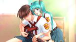  aqua_hair auqa_eyes brown_hair everlasting_summer game_cg guitar hatsune_miku orikanekoi soviet_pioneer tagme thighhighs 