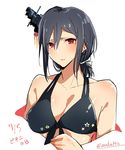  alternate_costume alternate_hairstyle asakawa_(outeq) bad_anatomy bare_shoulders black_hair black_swimsuit blush breasts cleavage collarbone floral_print front-tie_bikini front-tie_top hair_ornament hair_ribbon kantai_collection large_breasts looking_at_viewer low_ponytail red_eyes ribbon short_hair simple_background solo swimsuit translated twitter_username upper_body white_background white_ribbon yamashiro_(kantai_collection) 