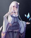  absurdres black_ribbon breasts cleavage emilia_(re:zero) flower grey_legwear hair_flower hair_ornament hair_ribbon hand_on_hip highres long_hair medium_breasts pointy_ears purple_eyes re:zero_kara_hajimeru_isekai_seikatsu ribbon shigeru_orange silver_hair smile solo thighhighs white_flower 