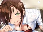  1girl :p aoi_chizuru bangs black_skirt blush bra breasts breath brown_hair brown_legwear bulge buttons ceiling ceiling_light character_request cleavage collared_shirt curtains doutei_daisuki_ijiwaru_onee-san_no_gokujou_tehodoki_renzoku_shasei_lesson dress_shirt ear erection erection_under_clothes fingernails girl_on_top green_eyes groping hair_over_one_eye hetero indoors large_breasts licking_lips lips long_sleeves looking_at_viewer naughty_face on_person open_clothes open_shirt original pantyhose pencil_skirt penis penis_under_clothes pov red_bra shirt short_hair skirt smile solo_focus sweat sweatdrop tongue tongue_out underwear white_shirt 