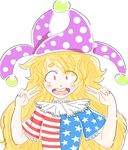  american_flag_dress blonde_hair clownpiece dotmaru hat jester_cap long_hair neck_ruff open_mouth polka_dot red_eyes short_eyebrows solo thick_eyebrows touhou upper_body v 