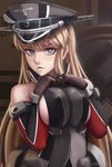  arm_warmers artist_name bare_shoulders bismarck_(kantai_collection) black_hat blonde_hair blue_eyes breast_squeeze breasts brown_gloves closed_mouth covered_nipples gloves hat highres jewelry kantai_collection large_breasts light_smile long_hair looking_at_viewer military military_uniform novcel peaked_cap pocket ring sideboob solo swastika uniform upper_body very_long_hair wedding_band 