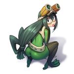  :&gt; ass asui_tsuyu belt black_eyes black_hair blush bodysuit boku_no_hero_academia eyelashes frog_girl from_above from_behind gloves goggles goggles_on_head green_bodysuit hair_rings long_hair looking_back low-tied_long_hair monster_girl potato_(sksnabi) revision shiny shiny_clothes simple_background skin_tight solo squatting tongue tongue_out white_background 