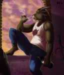  2014 alcohol anthro barefoot belt beverage bottle brown_fur brown_nose charr clothed clothing digital_media_(artwork) ears_back fangs feline food fur guild_wars horn male mammal melee_weapon pants pipe rov shirt signature sitting sky smoke smoking solo sunset sword tank_top tusks video_games weapon window 