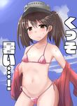  absurdres bikini brown_eyes brown_hair flat_chest highres kantai_collection kuromu_(underporno) long_hair micro_bikini robe ryuujou_(kantai_collection) solo standing swimsuit translated twintails undressing visor_cap 