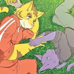  aged_up cat cute feline grass hand_holding lazying lying male male/male mammal morenatsu shin_(morenatsu) smile tiger torahiko_(morenatsu) 