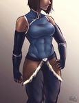  abs avatar_(series) bare_shoulders black_gloves bob_cut breasts brown_hair dark_skin elbow_gloves fingerless_gloves gloves hand_on_hip head_out_of_frame hip_vent iahfy korra loincloth medium_breasts muscle muscular_female short_hair solo the_legend_of_korra 