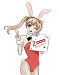  ;d animal_ears bare_shoulders blonde_hair bow bunny_ears bunny_tail bunnysuit commentary detached_collar eyebrows_visible_through_hair fake_animal_ears fishnet_pantyhose fishnets green_eyes hair_bobbles hair_ornament hairband highres ibarazaki_emi katawa_shoujo long_hair looking_at_viewer one_eye_closed open_mouth orika_nekoi pantyhose simple_background smile solo tail twintails v white_background wrist_cuffs 