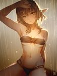  bare_shoulders bikini black_hair blush breasts collarbone commentary_request elf fantasy green_eyes kawamatsu_yoshinori looking_at_viewer md5_mismatch medium_breasts navel original pointy_ears rain short_hair_with_long_locks sitting solo swimsuit wet 