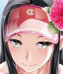  black_hair blush brown_eyes close-up closed_mouth face flower hair_flower hair_ornament looking_at_viewer original shino_(comic_penguin_club) smile solo sweat visor_cap 