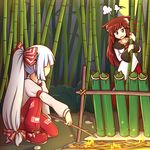  2girls anger_vein angry animal_ears armband bamboo bamboo_forest brooch brown_eyes brown_hair bush collarbone comic dress fire flame forest fujiwara_no_mokou full_moon fume gem hidden_eyes holding imaizumi_kagerou jewelry lemang long_hair long_sleeves looking_to_the_side low-tied_long_hair moon moonlight multiple_girls nature night night_sky ofuda one_knee outdoors pants peeking_out plant ponytail red_footwear red_pants rock scared shoes silver_hair sky spoken_ellipsis standing star_(sky) starry_sky stick tail text_focus touhou very_long_hair wavy_mouth white_dress wolf_ears wolf_tail wool_(miwol) 