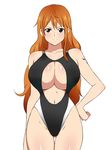  1girl black_swimsuit breasts brown_eyes collarbone competition_swimsuit curvy female highres huge_breasts kagemusha long_hair looking_at_viewer nami_(one_piece) navel one-piece_swimsuit one_piece orange_hair simple_background solo standing swimsuit tattoo thigh_gap very_long_hair white_background 
