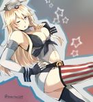  belt blonde_hair blue_eyes blush breasts cleavage elbow_gloves fingerless_gloves front-tie_top garter_straps gloves headgear iowa_(kantai_collection) kantai_collection large_breasts long_hair miniskirt navel one_eye_closed open_mouth skirt solo somechime_(sometime1209) star star-shaped_pupils striped striped_legwear symbol-shaped_pupils thighhighs vertical-striped_legwear vertical_stripes 