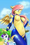  2016 anthro anthrofied areola assisted_exposure big_breasts bikini blue_eyes breasts clothing cloud d-lowell duo equine feathered_wings feathers female fluttershy_(mlp) friendship_is_magic frown grin hair horn long_hair mammal my_little_pony navel nipples outside pegasus pink_hair purple_hair rarity_(mlp) sky swimsuit unicorn wardrobe_malfunction water wings yellow_feathers 