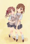  brown_eyes brown_hair hair_ornament highres loafers looking_at_viewer loose_socks misaka_mikoto multiple_girls school_uniform shirai_kuroko shoes shorts shorts_under_skirt simple_background skirt smile socks sweater_vest tanaka_yuuichi to_aru_kagaku_no_railgun to_aru_majutsu_no_index twintails 