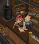  2016 anthro avian beak bent_over bottle breasts brown_eyes clothed clothing feathered_wings feathers female hair inside jar on_table overalls ozoneserpent red_feathers red_hair shop solo table wings yellow_feathers 