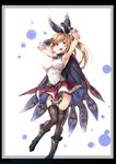  ajishio armpits arms_up black_gloves black_legwear blonde_hair blush boots breasts cape clarisse_(granblue_fantasy) gloves granblue_fantasy green_eyes hair_ribbon large_breasts long_hair looking_at_viewer open_mouth ponytail ribbon skirt smile solo thighhighs 