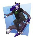  2016 alpha_channel anthro barefoot black_nose blue_background blue_claws blue_eyes blue_hair blue_lips canine claws clothed clothing english_text female fur grey_fur hair long_claws longblueclaw mammal pants shirt signature simple_background skateboard solo text toe_claws transparent_background white_fur 