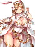  ;) alternate_costume animal_ears blonde_hair blush breasts bunny_ears bunny_tail collarbone cowboy_shot djeeta_(granblue_fantasy) flower granblue_fantasy hair_between_eyes hair_flower hair_ornament hairband highleg highleg_leotard highres impossible_clothes large_breasts leotard light_smile lips looking_at_viewer one_eye_closed outstretched_arm paw_pose sage_(granblue_fantasy) shiny shiny_skin short_hair short_sleeves simple_background smile solo tail thighhighs thighs tsukumiya_amane white_background white_legwear 