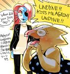  alphys anthro blood blush clothing duo english_text eye_patch eyewear female fish glasses japanese_text marine open_mouth scalie sunoko24 text undertale undyne video_games 