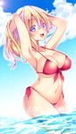  adjusting_hair aizawa_chihiro arms_up bikini blonde_hair blue_eyes breasts large_breasts long_hair original solo standing swimsuit water 