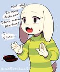  2016 5_fingers anthro asriel_dreemurr blue_background brown_eyes caprine clothed clothing cloud dialogue english_text fully_clothed fur goat long_ears male mammal open_mouth simple_background solo speech_bubble standing striped_shirt sunoko24 sweat teeth text tongue undertale unseen_character video_games white_fur 