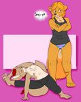  2016 annoyed anthro blush breasts camel_toe canine clothed clothing coyote dialogue duo eyes_closed female flexible fur hair hi_res mammal orange_fur orange_hair os panties purple_eyes red_hair speech_bubble spread_legs spreading stretching tan_fur tongue tongue_out topless underwear unknown_species 