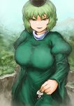  breasts canyon cliff clothes_grab colored_eyelashes dress forest giantess green_dress green_eyes green_hair hat hips large_breasts long_sleeves looking_at_another looking_down mononobe_no_futo mountain multiple_girls nature open_mouth puffy_long_sleeves puffy_sleeves short_hair smirk soga_no_tojiko tate_eboshi thighs touhou turtleneck yuugatou_(yuuzutu) 