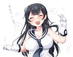  absurdres agano_(kantai_collection) black_hair blush bouncing_breasts breasts cleavage closed_eyes collarbone gloves hair_between_eyes heavy_breathing highres kantai_collection large_breasts long_hair minatasiro open_mouth school_uniform serafuku simple_background solo sweat upper_body white_background white_gloves 