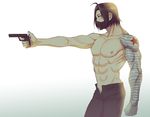  1boy ab black_hair gun male_focus mask muscle nipples pecs solo tagme topless undressing weapon 