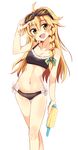  ahoge bikini blonde_hair bow braid goggles goggles_on_head hair_bow highres kirisame_marisa long_hair maturiuta_sorato navel open_mouth simple_background single_braid smile solo swimsuit touhou water_gun yellow_eyes 