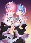  2girls apron black_bow black_ribbon blue_eyes blue_hair blush bow breasts dated detached_sleeves dress eyelashes frills from_side gradient gradient_background hair_ornament hair_over_one_eye hairband highres holding_hands interlocked_fingers looking_at_viewer maid medium_breasts multiple_girls parted_lips pink_hair ram_(re:zero) re:zero_kara_hajimeru_isekai_seikatsu red_eyes rem_(re:zero) ribbon shade short_hair siblings signature sisters twins underbust waist_apron white_apron wide_sleeves x_hair_ornament xiao_duzi 