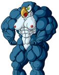  abs absurd_res angry anthro areola avian beak behold_my_girth big_blue_(character) blue_feathers breasts clitoris feathers female hi_res hyper hyper_muscles muscular muscular_female nipples pussy simple_background solo standing starbound thick_thighs video_games white_background wide_hips 