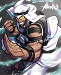  arabian_clothes backpack bag beard character_name dark_skin dark_skinned_male facial_hair grin keffiyeh male_focus rashid_(street_fighter) smile solo street_fighter street_fighter_v visor wind 