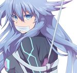  angry arms_behind_back back blue_eyes blue_hair bodysuit bound gag gagged improvised_gag long_hair looking_at_viewer neptune_(series) next_purple purple_hair purple_heart rope solo stormcow tape tape_gag upper_body 