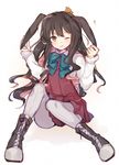  ? animal_ears bangs black_hair blue_bow blue_neckwear blush boots bow bowtie bunny_ears closed_mouth collared_shirt dress eyebrows eyebrows_visible_through_hair full_body grey_legwear hair_ornament hands_up hiiragi_souren holding_ears kantai_collection kemonomimi_mode long_hair long_sleeves looking_at_viewer multicolored_hair naganami_(kantai_collection) one_eye_closed pantyhose pink_dress pink_hair shirt sidelocks simple_background sitting solo sweatdrop two-tone_hair wavy_hair white_background white_shirt yellow_eyes 