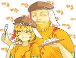  1girl american_ringo animal_ears background_text beard beret blonde_hair brown_hat bunny_ears closed_eyes dango eating facial_hair floppy_ears food genderswap genderswap_(ftm) hat holding ke-su mg_mg orange_shirt plate ringo_(touhou) shirt short_hair skewer smile touhou wagashi 