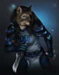  anthro armor barn-swallow_(artist) canine claws clothed clothing dagger eye_patch eyewear female fur hair humanoid mammal melee_weapon notched_ear scar simple_background solo video_games warcraft weapon were werewolf wolf worgen 