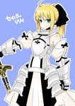  absurdres ahoge armor armored_dress artoria_pendragon_(all) bare_shoulders blonde_hair bow detached_sleeves dress fate/stay_night fate/unlimited_codes fate_(series) gauntlets green_eyes hair_bow hair_ribbon highres kisaragi_(kisaragi0930) long_hair ponytail ribbon saber saber_lily solo sword weapon 