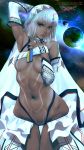  1girl 21yc_(september_breeze) altera_(fate) bangs bare_shoulders black_nails breasts dark_skin fate/grand_order fate_(series) highres midriff nail_polish navel patreon_username red_eyes revealing_clothes small_breasts tattoo twitter_username veil white_hair 