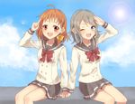  ahoge blue_eyes bow braid brown_hair hair_ornament holding_hands looking_at_viewer love_live! love_live!_sunshine!! multiple_girls natsuna open_mouth orange_hair red_eyes salute school_uniform serafuku short_hair smile takami_chika uranohoshi_school_uniform watanabe_you 