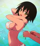  bikini black_hair blush breasts green_eyes hands kamiyoshi_rika large_breasts open_mouth original see-through short_hair solo_focus swimsuit tan tanline untied untied_bikini 