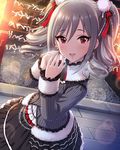  artist_request chain drill_hair frilled_ribbon frilled_skirt frills hair_between_eyes hair_ribbon idolmaster idolmaster_cinderella_girls kanzaki_ranko lens_flare official_art red_eyes ribbon silver_hair skirt smile solo twin_drills twintails winter_clothes 