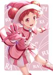  backlighting double_bun earrings gloves harukaze_doremi hat heart highres jewelry looking_at_viewer ojamajo_doremi open_mouth outstretched_arms pleated_skirt red_eyes red_hair skirt smile solo witch_hat yuuri_nayuta 